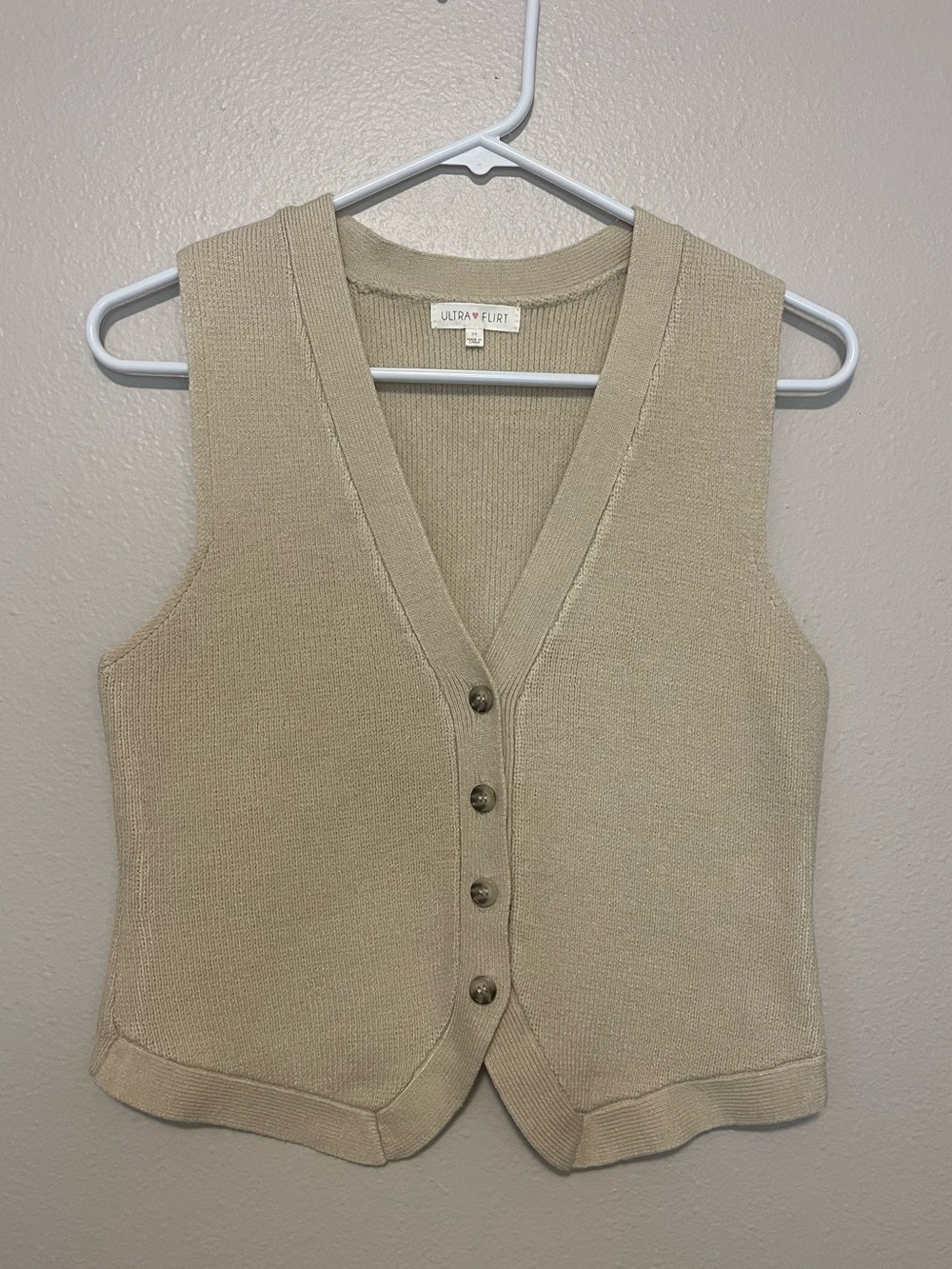 Ultra Flirt Beige V-Neck Knit Button Front Vest